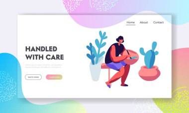 El Yapımı Çömlekçilik Ustası Sınıfı Web Sitesi Açılış Sayfası. Kadın Boyama Saksı, Toprak, Çanak Çömlek. Kız Sanatçı Dekorasyon Seramik Seramik Atölyesi Web Sayfası. Karikatür Düz Vektör İllüstrasyon, Afiş