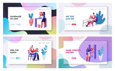 Çömlekçilik Üretim Web Sitesi Açılış Sayfası Şablonları Seti. Sanatçılar Fireclay Earthenware, Crockery, Pots Tekerlek kullanarak oluşturun. Dekoratif Sanatlar ve El Sanatları Web Sayfası. Karikatür Düz Vektör İllüstrasyon, Afiş