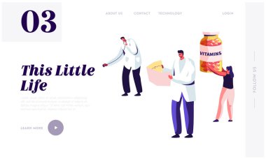 Sağlıklı Yaşam Tarzı, Sağlık Web Sitesi Açılış Sayfası Şablonu. Doktor Holding Stetoskop ve Hemşire Kardiyogram izliyor. Vitaminşişe Web Sayfası Karikatür Düz Vektör İllüstrasyon, Banner ile Kadın