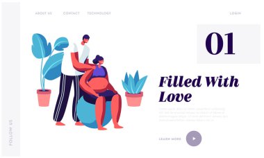 Spor Salonunda Mutlu Çift Eğitimi. Fitball Erkek ve Hamile Kadın Spor Egzersiz. Sağlıklı Yaşam Tarzı, Ebeveynlik Sınıfları Gebelik Web Sitesi Açılış Sayfası, Web Sayfası. Karikatür Düz Vektör İllüstrasyon, Afiş
