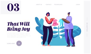 Young Pregnant Women Demonstrate Baby Clothing to Each Other. Happy Female Characters Expecting Child. Pregnancy, Maternity Website Landing Page, Web Page. Cartoon Flat Vector Illustration, Banner