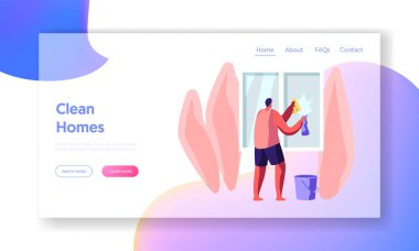 Ev İşçisi Ev Temizliği Ev Silme Pencereile Rag Web Sitesi Açılış Sayfası, Ev Erkek Karakteri Görevleri. Ev Her Gün Rutin ve Chores Web Sayfası. Karikatür Düz Vektör İllüstrasyon, Afiş