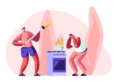 Ev Erkek Karakter Housekeeping. Korkmuş Adam Tavada Yanan Ateş ile Fırında Standı, Kulaklık Dinleme Müzik ve Süpürge ile Dans Adam Ev Karikatür Düz Vektör İllüstrasyon Temizlik sırasında
