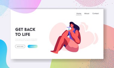 Woman Enjoying Cup of Tea or Coffee. Female Character Relaxing with Mug in Hands Drinking Hot Beverage. Leisure, Coffee Break. Website Landing Page, Web Page. Cartoon Flat Vector Illustration, Banner