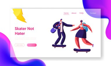 İnsanlar Karakterler Paten Kaykaylar Web Sitesi Açılış Sayfası. Alternatif Yaz Taşıma Longboard patenci Erkek ve Kız. Cool Özgürlük Lifestyle Web Sayfası. Karikatür Düz Vektör İllüstrasyon, Afiş