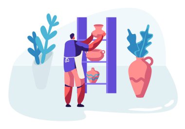 Master Pottery Studio Raflarda Kil Tencere koyarak. Erkek Sanatçı Karakter El Yapımı Toprak Çanak Çömlek, Dekorasyon Seramik olun. Yaratıcı Hobi, Eğlence. Karikatür Düz Vektör İllüstrasyon