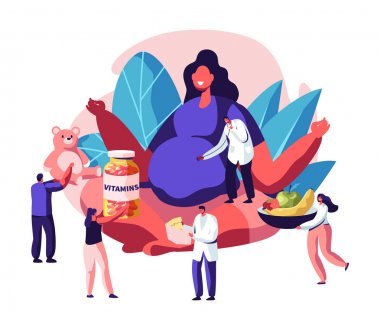 Büyük Göbek Lotus Poz Oturan Büyük Hamile Kadın Doktorlar ona Vitaminler, Bebek Oyuncakları, Sağlıklı Beslenme veren ile çevrili. Kadın Karakter Mutlu Gebelik, Karikatür Düz Vektör İllüstrasyon