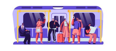 Metrodaki Yolcular Kentsel Toplu Taşıma Metrosu Kullanıyor. Turistler ve Yerli Vatandaşlar Karakterler Underpass Ulaşım Içinde. İnsanlar Metro Treni ile Iş Yerinde Gidiyor. Düz Vektör Çizimi