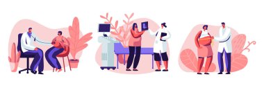 Doktor Randevusunda Hamile Kadın Karakterler. Tıbbi Check Up, Ultrason, Karnını Ölçme, Bebek Kalp Dinleme. Sağlıklı Hamilelik, Yeni Doğan Bebek Bekleyen Kadınlar. Karikatür Düz Vektör İllüstrasyon
