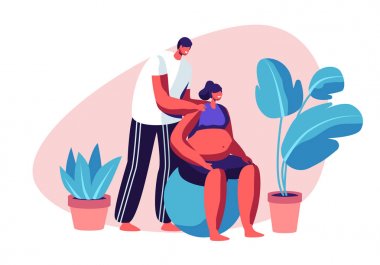 Fitball Erkek ve Hamile Kadın Spor Egzersiz. Spor Salonunda Mutlu Çift Eğitimi. Sağlıklı Yaşam Tarzı, Ebeveynlik Dersleri, Hamilelik. Gençler anne-baba olmaya hazırlanıyor. Karikatür Düz Vektör İllüstrasyon
