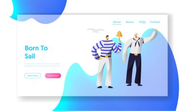 Young Handsome Sailors at Work Website Landing Page, Ship Crew, Male Characters in Uniform and Stripped Vests, Maritime Profession, Job Occupation Web Page. Cartoon Flat Vector Illustration, Banner
