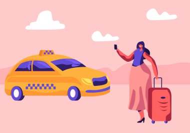 Young Woman with Luggage Standing on Street Calling or Using App for Ordering Taxi. Female Customer Character Waiting Car Outdoors. Cabbie Driver Coming for Order. Cartoon Flat Vector Illustration