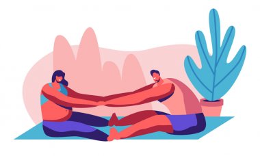 Mutlu Çift Spor Salonunda Germe Egzersizleri Yapıyor. Erkek ve Hamile Kadın Ziyaret Ebeveynlik Sınıfları, Bebek Bekleyen Gençler, Spor Egzersiz, Sağlıklı İstenilen Gebelik. Karikatür Düz Vektör İllüstrasyon