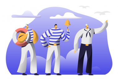 Young Handsome Sailors at Work. Male Characters in Uniform and Stripped Vests Holding in Hands Lifebuoy, Ringing Bell. Ship Crew, Maritime Profession, Job Occupation Cartoon Flat Vector Illustration