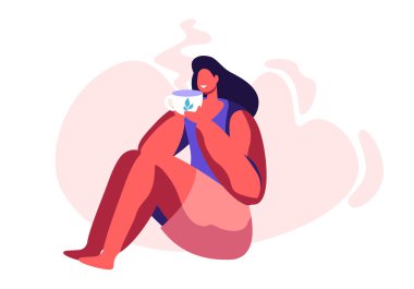 Young Adorable Woman Sitting on Floor Enjoying Cup of Tea or Coffee. Female Character Relaxing with Mug in Hands Drinking Hot Beverage. Leisure, Coffee Break, Resting. Cartoon Flat Vector Illustration