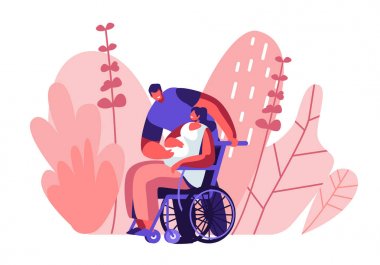Male Character Touching Belly of Disabled Pregnant Woman Sitting on Wheelchair. Happy Family Relations, Pregnancy, Loving People Awaiting Baby. Invalid Girl Bear Child Cartoon Flat Vector Illustration vector Male Character Touching Belly of Disabled Pregnant Woman Sitting on Wheelchair. Happy Family Relations, Pregnancy, Loving People Awaiting Baby. Invalid Girl Bear Child Cartoon Flat Vector Illustration vector