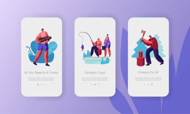 Orman Konseptinde Aktif Açık Tatil. Doğada Dinlenme, Odun Doğrama, Balıkçılık, Rahatlatıcı İnsanlar. Web Sitesi veya Web Sayfası için Mobil Uygulama Sayfası Dahili Ekran Seti, Karikatür Düz Vektör İllüstrasyon