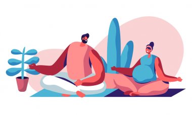Mutlu Çift Salon'da Lotus Pose oturan. Erkek ve Hamile Kadın Ebeveynlik Sınıfları, Yoga Gevşeme ziyaret. Bebek Bekleyen Gençler, Spor Egzersizi, Hamilelik. Karikatür Düz Vektör İllüstrasyon