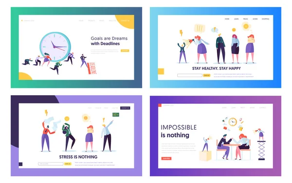 Stressed Hardworking Business People in Office Site Landing Page Templates Set. Funcionários Frustrados com o Prazo de Entrega, Trabalhando duro na página da Web Falta de Tempo. Desenhos animados Flat Vector Ilustração, Banner — Vetor de Stock