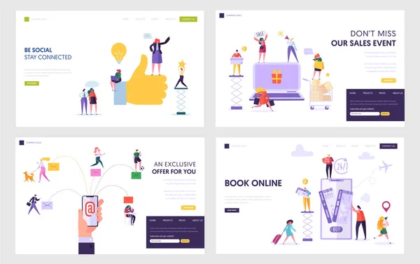 Sosyal Ağ, Online Alışveriş, Elektronik Posta Servisi, İnternet Web Sitesi Açılış Sayfası Şablonlarında Kitap Biletleri Seti. İnsanlar Hayatta Akıllı Teknolojiyi Kullanıyor. Web Sayfası. Karikatür Düz Vektör İllüstrasyon, Afiş — Stok Vektör