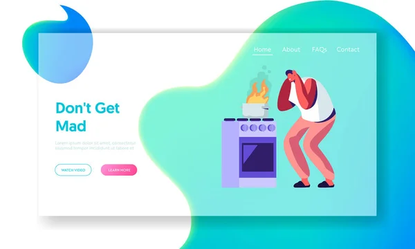Situs web Cleaning Home Landing Page, Frightened Man Stand at Oven with Burning Fire in Pan, Household Male Character Housekeeping Duties and Chores Web Page (dalam bahasa Inggris). Ilustrasi Vektor Flat Kartun, Banner - Stok Vektor