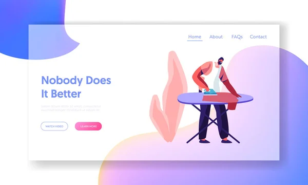 家庭の男性キャラクターのハウスキーピングプロセス。ウェブサイトのランディングページ。職務と雑用の日常、家事男アイロン衣類のWebページ。漫画フラットベクトルイラスト、バナー — ストックベクタ