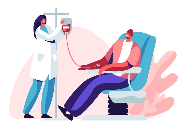 献血。男性角色为患病者献血，女护士将命血放入塑料容器。男子捐赠者坐在诊所的医疗椅上。卡通平面矢量插图 — 图库矢量图片