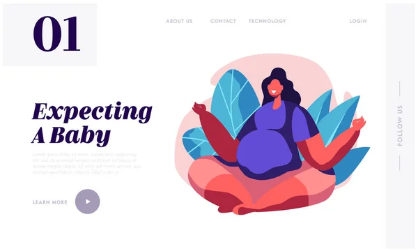 Šťastná těhotná uvolněná žena s velkým břichem sedí v Lotus Pose a dělá Jómu Asanu. Ženské znaky čekající na dítě, úvodní stránka webové stránky. Kreslený plochý vektorový obrázek, nápis — Stockový vektor