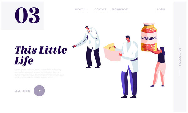 Healthy Lifestyle, Health Care Website Landing Page Template. Doctor Holding Stethoscope and Nurse Watching on Cardiogram. Woman with Vitamines Bottle Web Page Cartoon Flat Vector Illustration, Banner