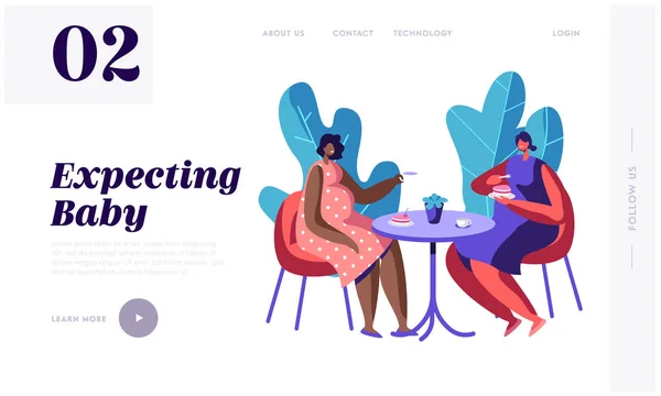 Las mujeres embarazadas felices pasan tiempo juntas visitando el Café para tomar una taza de té y charlar, conociendo a amigos. Estilo de vida saludable durante el embarazo. Página de destino del sitio web, Página web. Ilustración plana del vector de la historieta, bandera — Archivo Imágenes Vectoriales