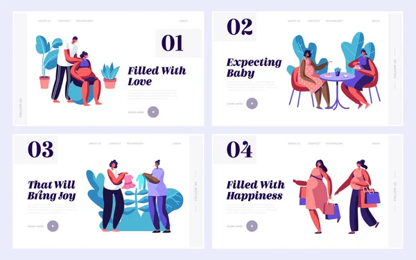 (Inggris) Pregnant Women Sparetime Website Landing Page Templates Set. Shopping, Visiting Cafe, Fitness with Husband, Buying Things for Baby, Friends Pregnancy Web Page (dalam bahasa Inggris). Ilustrasi Vektor Flat Kartun, Banner - Stok Vektor