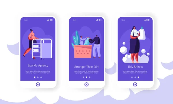 クリーニングサービスモバイルアプリページオンボード画面セット。受付、労働者プッシュカート、ウェブサイトやWebページ漫画フラットベクトルイラストのための公共清掃洗濯コンセプトで洗剤を持つ女性 — ストックベクタ