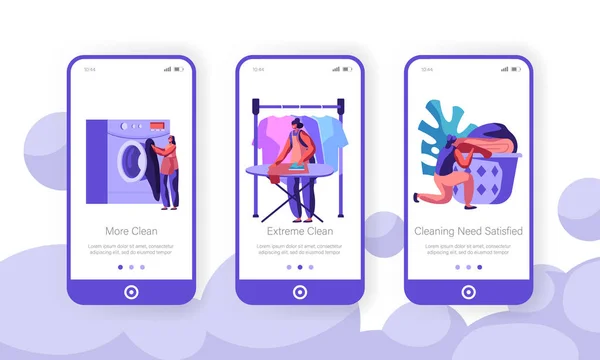 Konsep Laundry. Woman Loading Dirty Clothes to Washing Machine, Ironing, Laying Clean Linen to Basket, Mobile App Page Onboard Screen Set for Website or Web Page, Cartoon Flat Vector Illustration - Stok Vektor