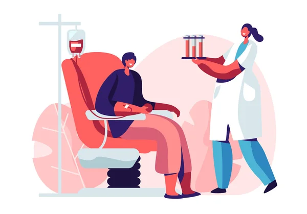 女性捐献血液，护士角色携带有生命血液的试管。 女性捐献者坐在医疗椅上。 医疗保健，慈善。 输血，捐赠实验室。 卡通平面矢量图解 — 图库矢量图片