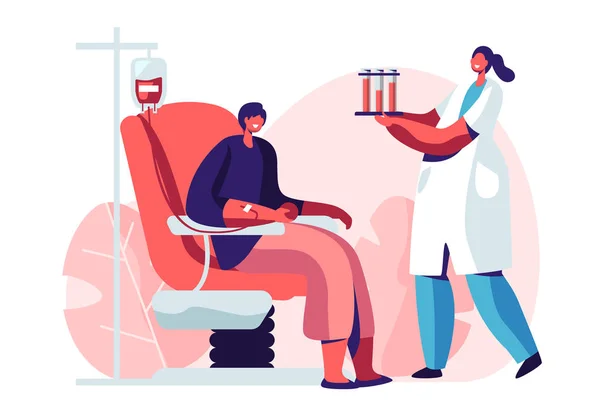 Mujer Donar Sangre, Enfermera Carácter Llevando Tubos de Prueba con Sangre Vital. Donante sentada en silla médica. Salud, Caridad. Transfusión, Laboratorio de Donación. Dibujos animados plana Vector Ilustración — Vector de stock