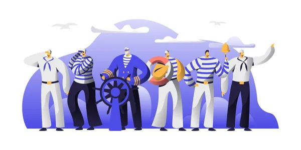 Ship Crew Male Characters in Uniform. Captain at Steering Wheel, Sailors in Stripped Vests Holding Life Buoy and Ringing Bell. Maritime Profession, Job Occupation. Cartoon Flat Vector Illustration — Stock Vector