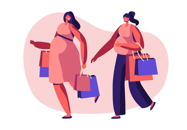 Casal de belas mulheres grávidas indo às compras. Meninas esperando bebês Lazer, tempo livre, amigos do encontro. Feliz Gravidez, Maternidade, Urso Infantil, Compras Cartoon Flat Vector Ilustração —  Vetores de Stock