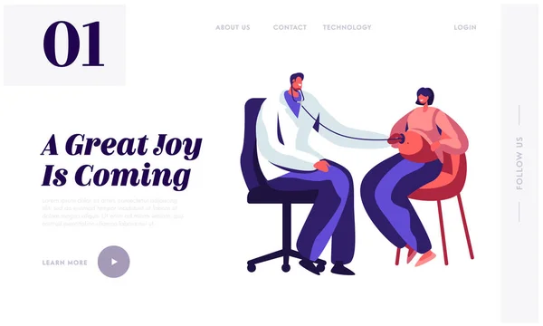 Mulher Grávida no Doutor Nomeação na Clínica Site Landing Page. Médico Masculino Personagem Ouvindo Baby Heart Beating Coloque estetoscópio na página da barriga. Desenhos animados Flat Vector Ilustração, Banner —  Vetores de Stock