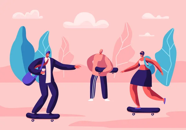 Young Skateboarders Active Boys and Girls Sport Extreme, Time Summer Leisure Activity. Skateboarding Male and Female Characters Relaxing in Public Park on Weekend. Cartoon Flat Vector Illustration — Stok Vektör