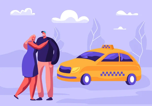 Young Hugging Couple Waiting Taxi Car on Street with Suburb Background. Transportation Service, Passenger Delivery, Destination. Yellow Taxi Cab Waiting Clients. Cartoon Flat Vector Illustration — Stok Vektör