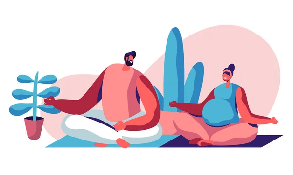 Šťastný pár sedí v Lotus Pose v tělocvičně. Muž a těhotná žena na návštěvě rodičovství, lekce Jódy. Mladí lidé čekají na dítě, sportovní cvičení, těhotenství. Kreslený plochý vektor – ilustrace — Stockový vektor