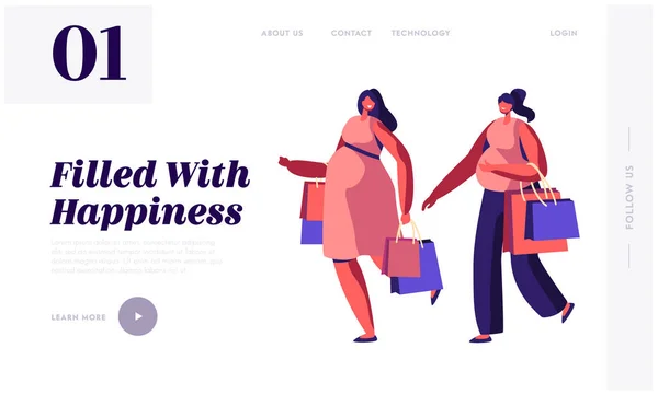 Couple of Young Pregnant Women Going Shopping Website Landing Page. Girls Expecting Babies Leisure, Spare Time, Meeting Friends. Happy Pregnancy Web Page. Cartoon Flat Vector Illustration, Banner