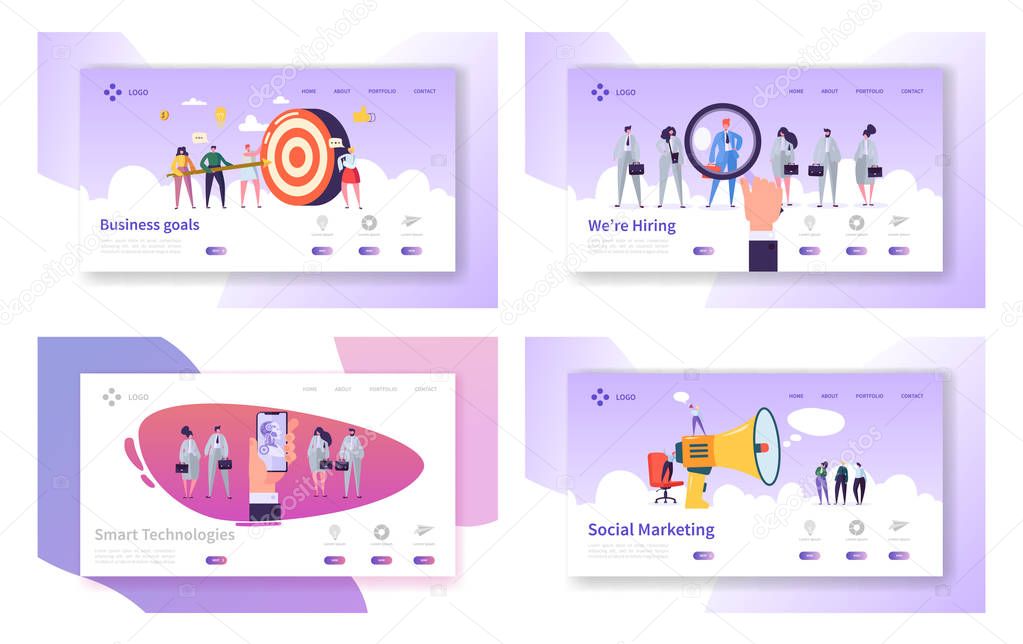 Business Goals, Smart Technologies, Hiring, Social Marketing Website Landing Page Templates Set. Business Target, Employees Research, Ai in Life Web Page. Cartoon Flat Vector Illustration, Banner