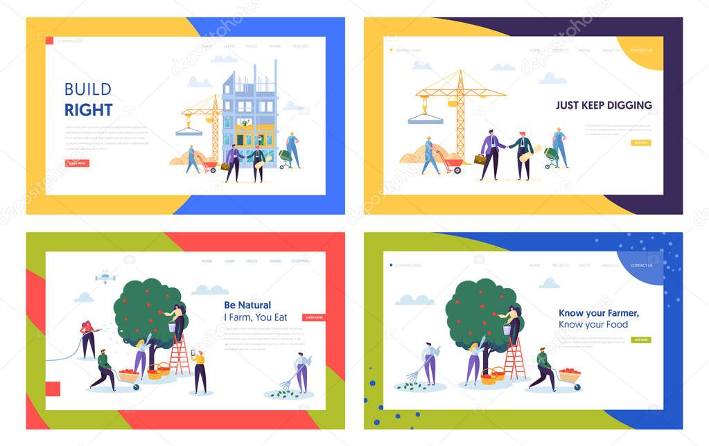 Gardening and Building Process Website Landing Page Templates Set. People Collecting Ripe Apple from Apple Trees in Garden, Architects Create House Web Page. Cartoon Flat Vector Illustration, Banner