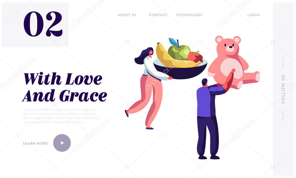 Male Character with Plate of Fruits and Man with Big Teddy Bear. People with Gifts for Friend or Pregnant Woman, Loving Family. Website Landing Page, Web Page. Cartoon Flat Vector Illustration, Banner