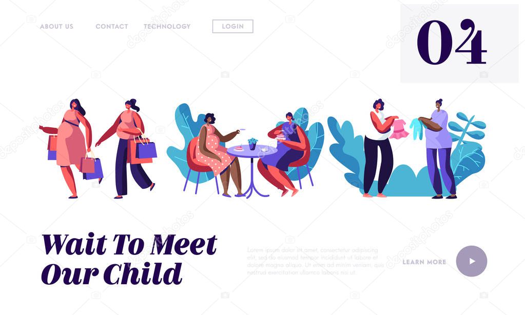 Pregnant Women Spend Time Together Going Shopping, Visiting Cafe, Buying Clothing for Baby, Meeting Friends. Happy Pregnancy. Website Landing Page, Web Page. Cartoon Flat Vector Illustration, Banner