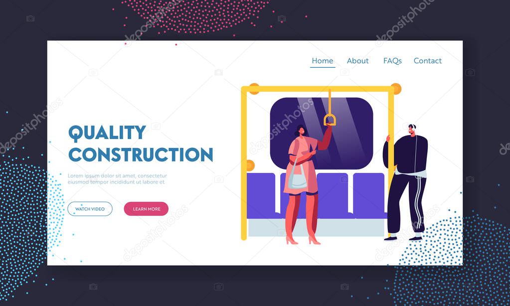 Diverse People Inside Metro Subway Train Website Landing Page. Males and Females in Public Transport. Subway, Tube or Underground Train Rapid Transit Web Page. Cartoon Flat Vector Illustration, Banner
