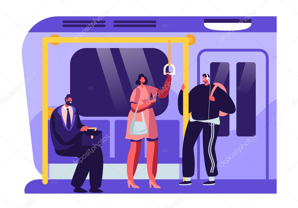 People or City Dwellers in Metro, Subway, Tube or Underground Train. Men and Women Passengers in Public Transport. Male and Female Characters Using Rapid Transit Cartoon Flat Vector Illustration