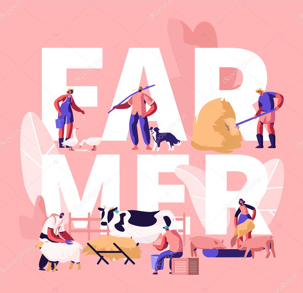 People Doing Farming Job Concept. Farmer Characters Feeding Domestic Animals, Milking Cow, Shearing Sheep, Prepare Hay for Livestock. Poster, Banner, Flyer, Brochure. Cartoon Flat Vector Illustration