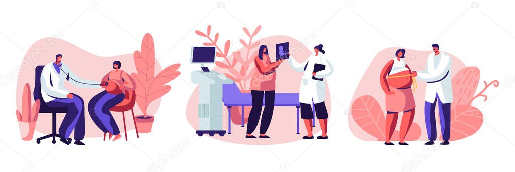 Pregnant Female Characters at Doctor Appointment. Medical Check Up, Ultrasound, Measuring Belly, Listening Baby Heart. Healthy Pregnancy, Women Waiting Newborn Baby. Cartoon Flat Vector Illustration